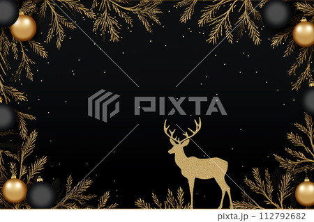 Christmas background with golden deer, baubles, and fir branches. Generative AI 112792682