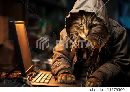 serious cat hacker working on the computer serious cat hacker working on the computer 112793604