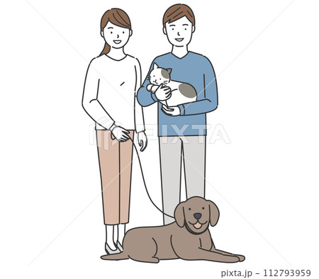 若いカップルとペットの犬と猫 若いカップルとペットの犬と猫 112793959