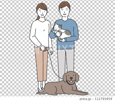 若いカップルとペットの犬と猫 若いカップルとペットの犬と猫 112793959
