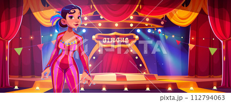 Female circus performer on arena background 112794063