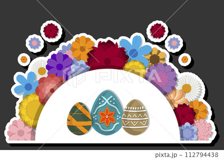 Illustration on theme celebration holiday Easter with hunt colorful bright eggs, banner consisting of hunt different Easter eggs, beautiful Easter eggs are main accessory at abstract background 112794438
