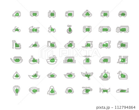 様々な乗り物のアウトラインアイコンセット　緑 112794864