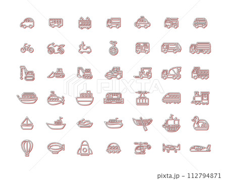 様々な乗り物のカラーシャドウアイコンセット　赤 112794871