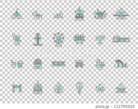 Outline theme park related illustration icon set light blue 112795028