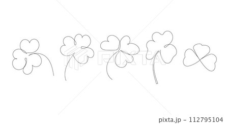 Set of beauty clovers drawn by one line. Floral sketch. Continuous line drawing. Minimalist art for patrick day. Vector illustration. 112795104