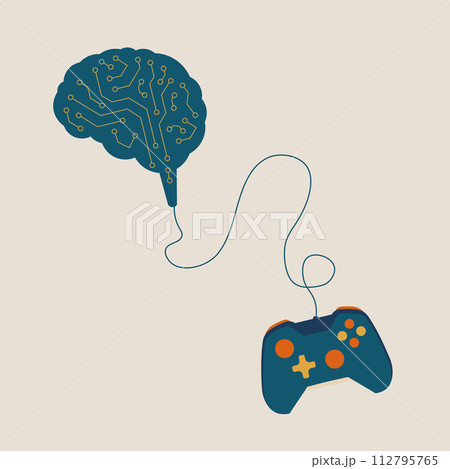 brain connected to the controller joystick. Game time. Brain games. Stock vector illustration isolated on white background. brain connected to the controller joystick. Game time. Brain games. Stock vector illustration isolated on white background. 112795765