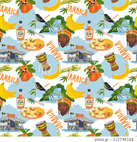 Seamless pattern in Rasta colors. Jamaican vector pattern. Rum, ackee fruit, hummingbird, waterfall, beach bar, rastafarian, giant drum in flat style on white background. 112796188