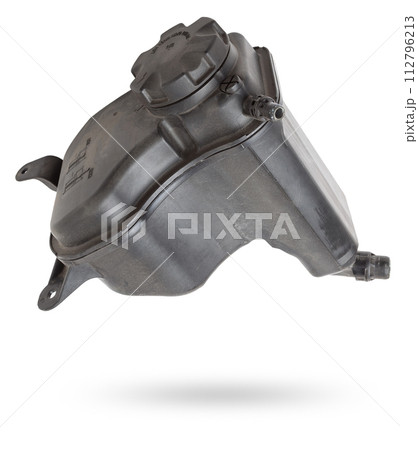 Coolant expansion tank white on an isolated background with black details. A unit of a liquid cooling system for internal combustion engines, a capacity of a special design. 112796213