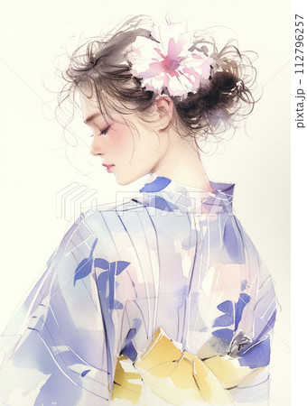浴衣を着た女性の水彩画 AI画像のイラスト素材 [112796257] - PIXTA
