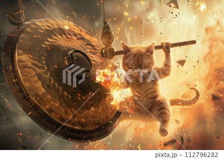 cat smashing a gong with enormous maceのイラスト素材 [112796282] - PIXTA