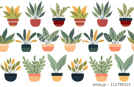Vector flat pattern with house plants in various pots on a white background. Hobby greenhouse. Texture with illustration of greenery in flowerpots 112796325