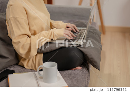 A woman in comfy clothes working on her laptop computer on the sofa in the living room. A woman in comfy clothes working on her laptop computer on the sofa in the living room. 112796551