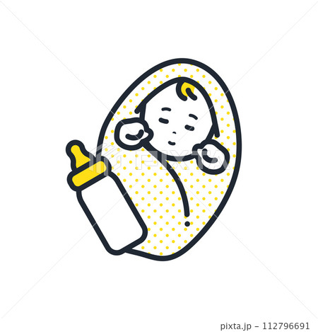 眠る赤ちゃんと哺乳瓶のシンプルなベクターイラストアイコン素材 112796691