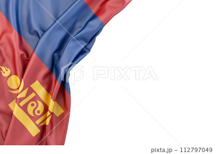 Flag of Mongolia in the corner on white background. Isolated. 3D illustration 112797049