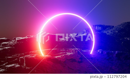 3d illustration Neon ring in volcanic landscape at night in desert 3d illustration Neon ring in volcanic landscape at night in desert 112797204