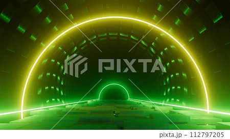 3d illustration colorful round neon portal road at night 112797205