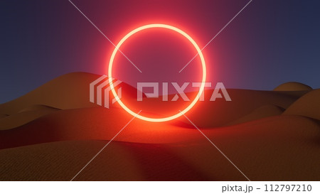 3d illustration colorful round red neon portal at night in the desert 112797210