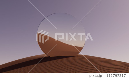 3d illustration Round mirror in sand dunes at sunset 112797217
