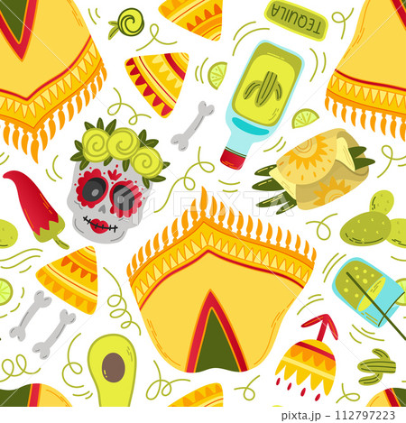 Seamless pattern flat Mexican poncho, skull, food 112797223