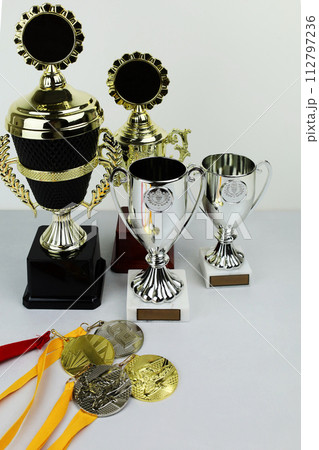 cups and medals for awarding the winners. Sports, competitions. cups and medals for awarding the winners. Sports, competitions. 112797236