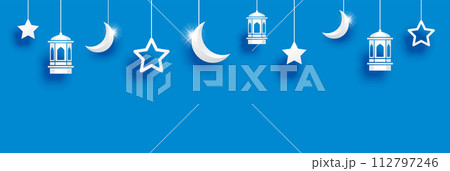 Ramadan kareem greeting card background. Eid mubarak paper art banner illustration design. 112797246