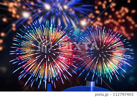 Generative ai on theme festive brightly fireworks on twilight background high in dark sky Generative ai on theme festive brightly fireworks on twilight background high in dark sky 112797403