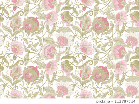 Fantasy flowers in retro, vintage, jacobean embroidery style. 112797514