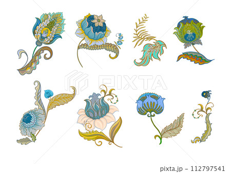 Fantasy flowers in retro, vintage, jacobean embroidery style. Fantasy flowers in retro, vintage, jacobean embroidery style. 112797541