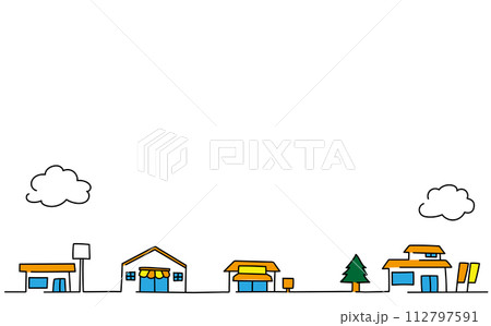 かわいい手描きのお店が並んだイラスト装飾フレーム 112797591