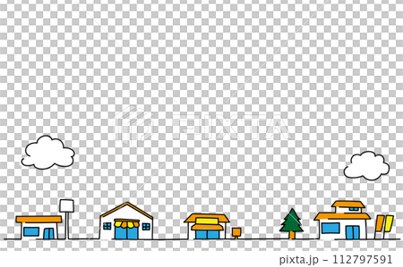 かわいい手描きのお店が並んだイラスト装飾フレーム 112797591