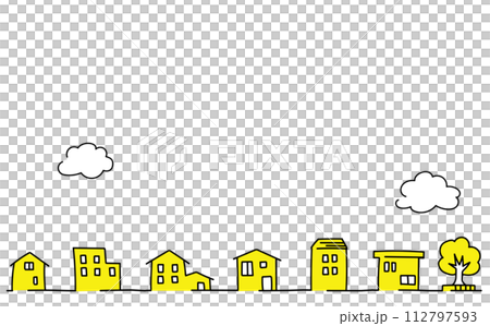 かわいい手描きの黄色い街並みフレーム 112797593