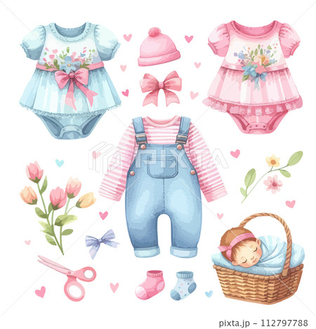 Watercolor set of newborn dress or clothes for invitation baby shower party. 112797788