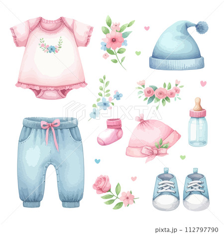 Watercolor set of newborn dress or clothes for invitation baby shower party. 112797790