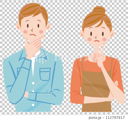 Upper body of a young couple with a troubled expression Illustration of a couple thinking about household finances Upper body of a young couple with a troubled expression Illustration of a couple thinking about household finances 112797817