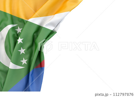 Flag of Comoros in the corner on white background. Isolated. 3D illustration Flag of Comoros in the corner on white background. Isolated. 3D illustration 112797876