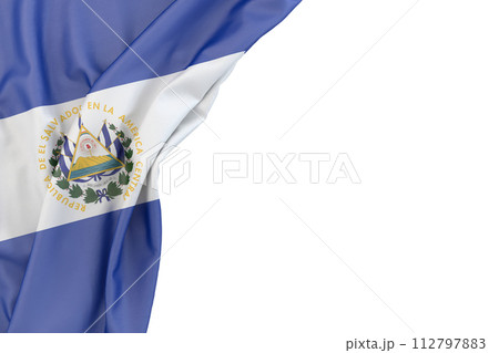 Flag of El Salvador in the corner on white background. Isolated. 3D illustration 112797883
