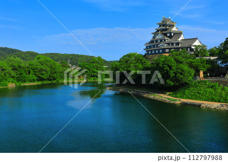 【岡山県】晴天の岡山城と旭川（令和の大改修後） 112797988