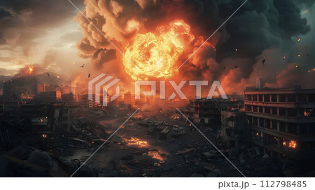 AI-generated content. Post apocalyptic war background of desert city wasteland with destroyed buildings, generated AI 112798485