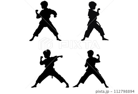 Kids training karate detail silhouette, karate player silhouette logo design Kids training karate detail silhouette, karate player silhouette logo design 112798894