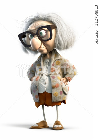 AI-generated content. Elderly animated woman with large glasses and a skeptical look, stand on white background AI-generated content. Elderly animated woman with large glasses and a skeptical look, stand on white background 112798913