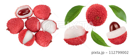 lychee fruit isolated on white background with full depth of field. Top view. Flat lay 112799002