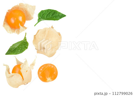 Cape gooseberry or physalis isolated on white background. Top view with copy space for your text. . Flat lay 112799026