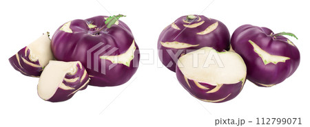 Cabbage kohlrabi and half isolated on white background closeup 112799071