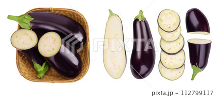 eggplant in a wicker basket isolated on white background with full depth of field. Top view. Flat lay eggplant in a wicker basket isolated on white background with full depth of field. Top view. Flat lay 112799117