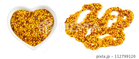 Bowl with french mustard isolated on white background with full depth of field. Top view. Flat lay. 112799120