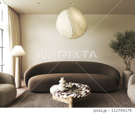 Chic living room interior with curved sofa and sculptural hanging lamp. 3d rendering Chic living room interior with curved sofa and sculptural hanging lamp. 3d rendering 112799179