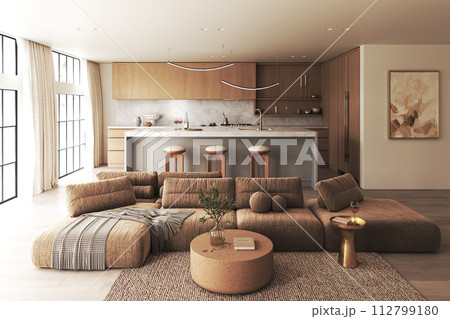 A cozy living room in a house with a brown couch, coffee table, and kitchen A cozy living room in a house with a brown couch, coffee table, and kitchen 112799180