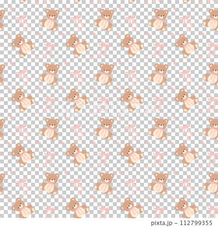 Coquette seamless pattern teddy bear with ribbon bow pink 112799355