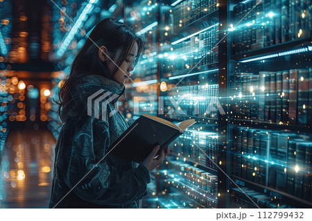 alien librarian organizing a library filled with bizarre books, each containing information encoded in intergalactic language 112799432